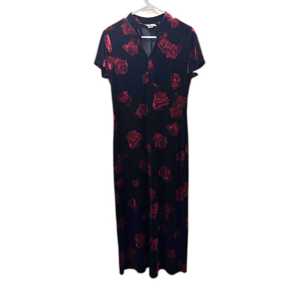 VTG CDC Maxi Dress Black Velvet Roses Dark Romantic Whimsygoth Goth Witchy sz 10